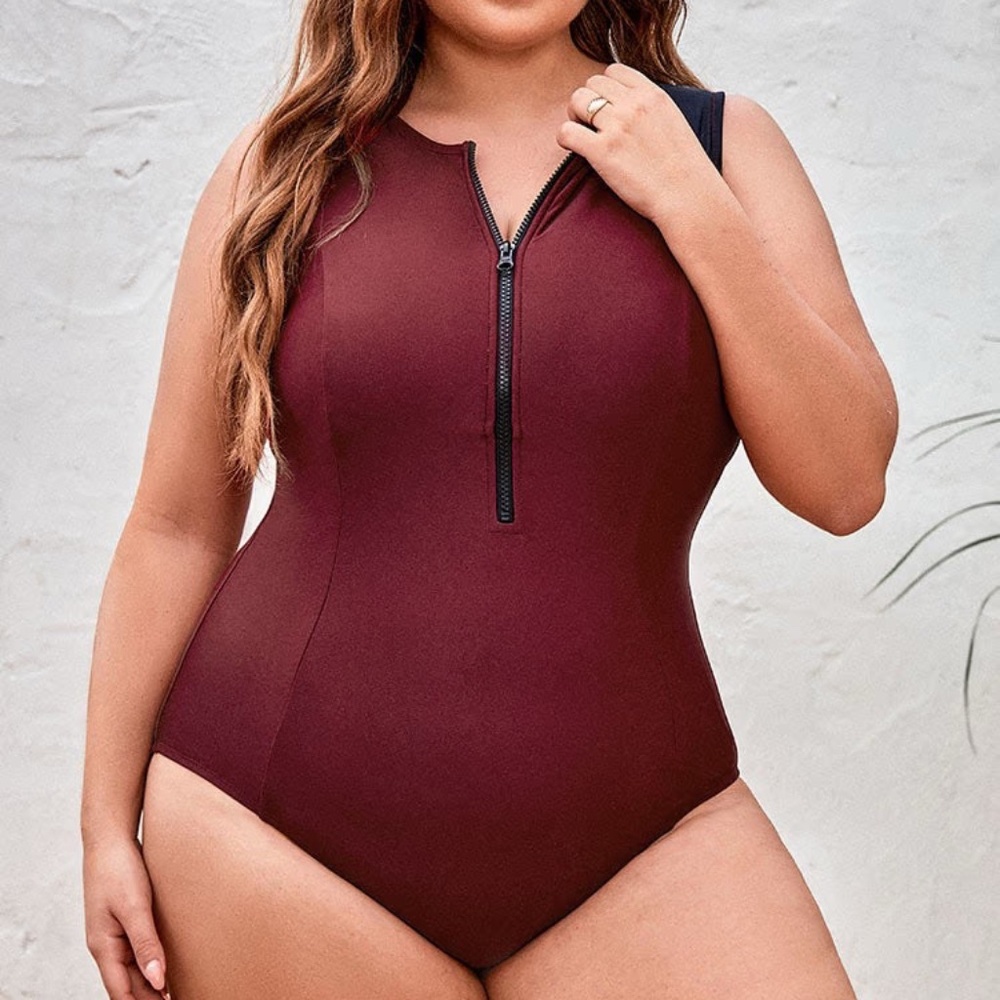 Cupshe Burgundy Zip Front Tummy Control One Piece Swimsuit Athletic Plus